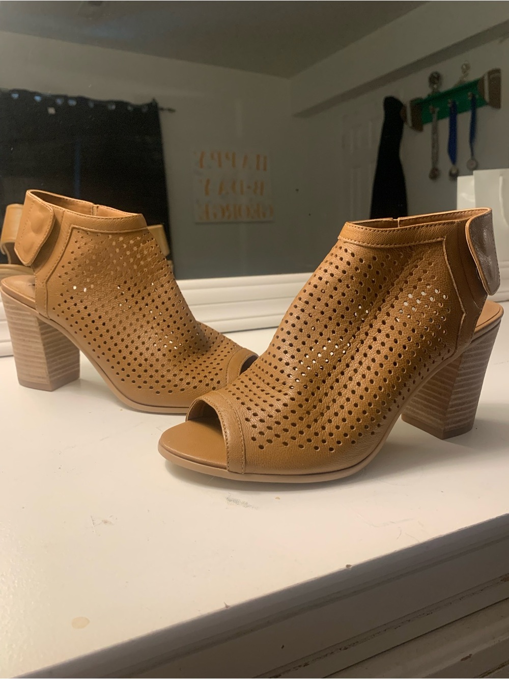 Steven by Steve Madden Suzy Perforated Open Toe Booties in tan leather Size 6.5